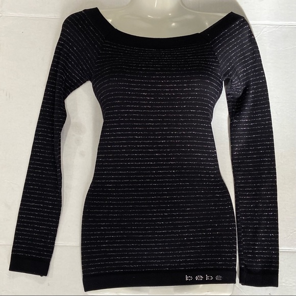 Bebe women black and silver stripes long sleeves fitted top. Size M/L. Used - Picture 5 of 9